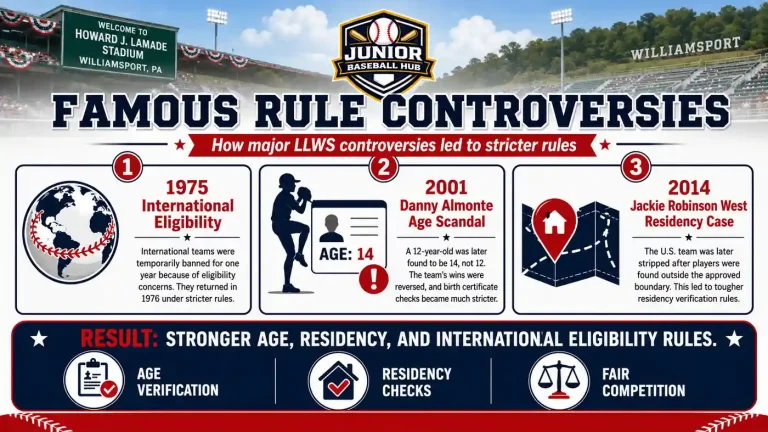 Little League World Series Rules, Age Limits, and Divisions (2026) 4 Infographic showing famous LLWS rule controversies, including age verification, residency checks, international eligibility rules.