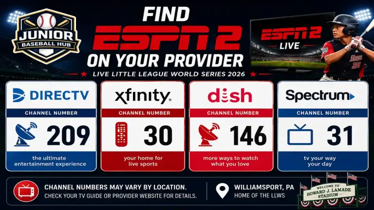Infographic showing how to find ESPN2 for Little League World Series 2026 coverage across major TV providers, featuring DIRECTV, Xfinity, Dish, Spectrum, Williamsport, Pennsylvania