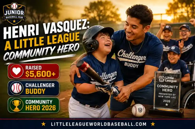 Henri Vasquez helps a Challenger Division player during practice after raising more than $5,600 for Golden Hill Little League and earning the 2026 Little League Community Hero award. 