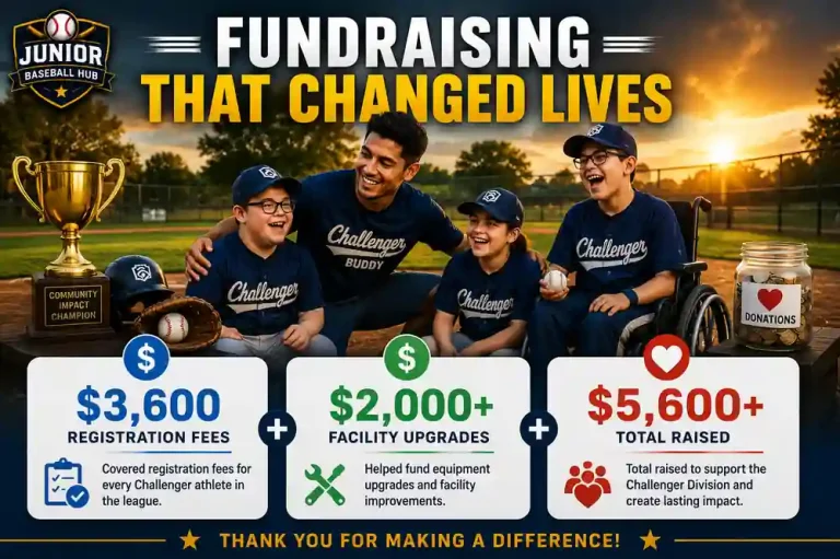 Henri Vasquez fundraising infographic highlighting $3,600 raised for Challenger Division registration fees, $2,000+ for facility upgrades, and more than $5,600 raised to support Golden Hill Little League athletes. 