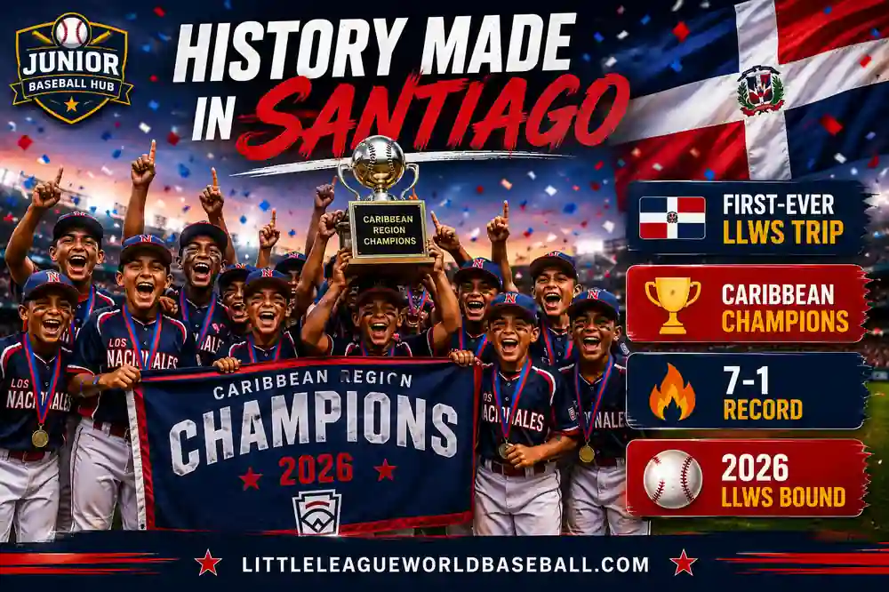 Los Nacionales Little League players celebrate winning the Caribbean Region championship in Santiago, earning the Dominican Republic's first-ever LLWS trip for the league and qualifying for the 2026 Little League World Series.