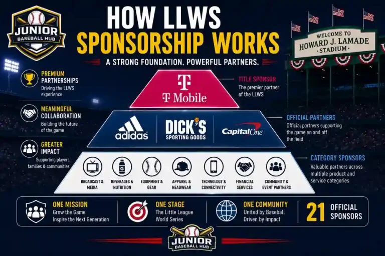 LLWS 2026 Sponsors: Every Official Partner and What They Do at LLWS 25 How LLWS sponsorship works 2026 infographic showing sponsor structure, official partners, category sponsors