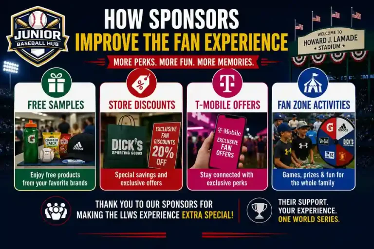 LLWS 2026 Sponsors: Every Official Partner and What They Do at LLWS 26 LLWS fan experience infographic showing sponsor benefits, free samples, store discounts, T-Mobile offers, fan zone activities