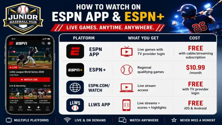 Little League World Series 2026 TV Channel List - How to Watch 3 Little League World Series streaming guide infographic explaining how to watch LLWS games on the ESPN App, ESPN+, ESPN.com, and the LLWS app across multiple devices.