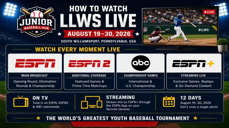 How to watch Little League World Baseball 2026 live infographic featuring ESPN, ESPN2, ABC, ESPN+, broadcast schedule, streaming options, and tournament dates from August 19–30, 2026.