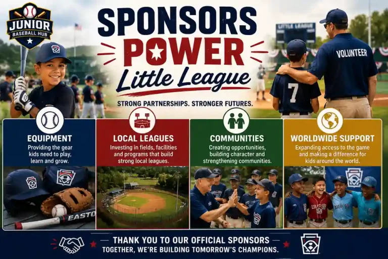 LLWS 2026 Fan Zone Giveaways infographic showing how official sponsors support Little League through baseball equipment, local leagues, volunteers, youth communities, and worldwide baseball development programs. 