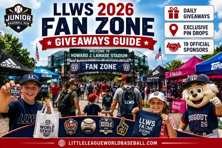 LLWS 2026 Fan Zone Giveaways featuring daily giveaways, exclusive pin drops, 19 official sponsors, Fan Zone entrance at Howard J. Lamade Stadium, families, and collectible pins during the Little League Baseball World Series.
