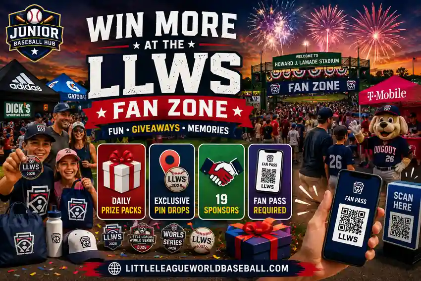 LLWS 2026 Fan Zone Giveaways feature image showing daily prize packs, exclusive pin drops, 19 official sponsors, Fan Pass QR code scanning, packed Fan Zone, families, and fireworks at Howard J. Lamade Stadium during the Little League Baseball World Series.