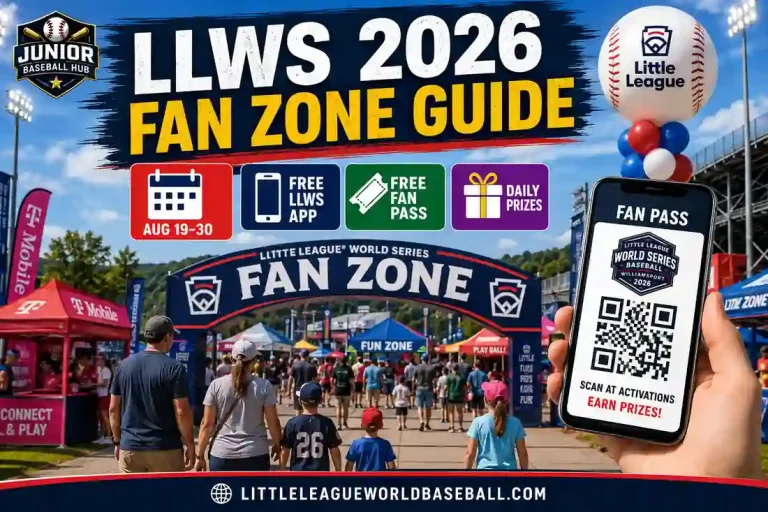 LLWS 2026 Fan Zone Guide: Hours, App, Fan Pass and Prizes 2 LLWS 2026 Fan Zone feature image showing the Fan Zone entrance, free LLWS App, Fan Pass, daily prizes, sponsor activations, and families entering the Little League International Complex.