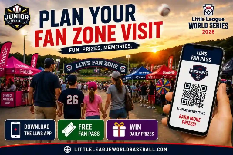 LLWS 2026 Fan Zone feature image showing families enjoying the Fan Zone, the LLWS Fan Pass, sponsor activations, and daily prize opportunities at the Little League International Complex.