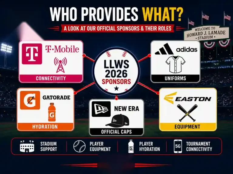 LLWS 2026 official sponsors and their roles including T-Mobile, adidas, Gatorade, New Era, and Easton