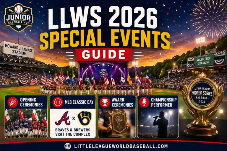 LLWS 2026 Special Events guide featuring Opening Ceremonies, MLB Classic Day, Award Ceremonies, Championship Performer, Howard J. Lamade Stadium, and Volunteer Stadium during the Little League Baseball World Series 2026.