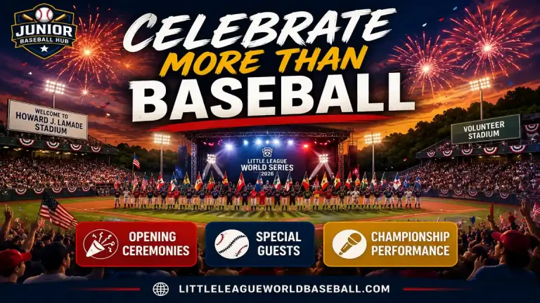 LLWS 2026 Special Events shareable feature image celebrating Opening Ceremonies, special guests, championship performance, fireworks, packed stadium, and the Little League Baseball World Series atmosphere.