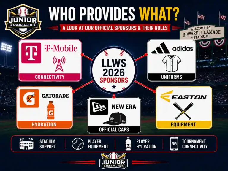 LLWS 2026 Sponsors: Every Official Partner and What They Do at LLWS 24 LLWS 2026 sponsor roles infographic showing T-Mobile, adidas, Gatorade, New Era and Easton