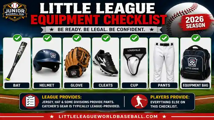 Little League Baseball Gear Guide 2026 equipment checklist showing the required bat, helmet, glove, cleats, protective cup, pants, and equipment bag for youth baseball players. 