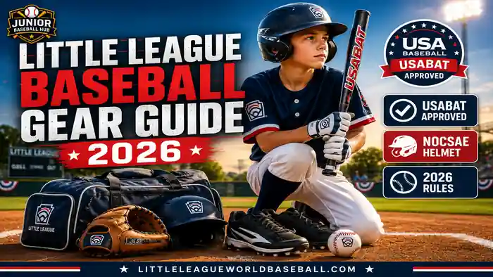 Little League Baseball Gear Guide 2026 showing a young player with a USABat-approved bat, NOCSAE helmet, glove, cleats, equipment bag, and 2026 equipment rules.