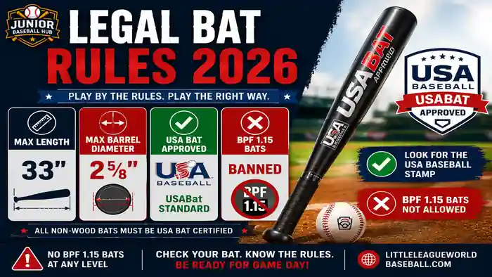 Little League Baseball Gear Guide 2026 infographic showing legal bat rules, including a maximum 33-inch length, 2⅝-inch barrel, USA Bat approval, and the ban on BPF 1.15 bats. 