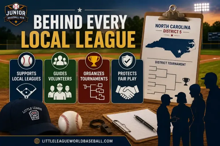 Little League Remembers Shane Melton, North Carolina District 5 Administrator, with an infographic explaining how District Administrators support leagues, guide volunteers, organize tournaments, and protect fair play.