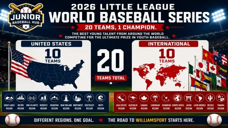 Little League World Baseball 2026 infographic showing the 20 participating teams, including 10 United States regional champions and 10 international regional champions competing in the tournament.