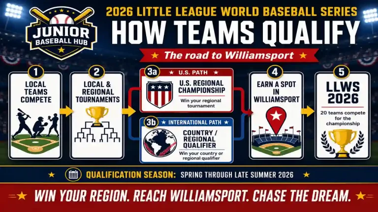 Little League World Baseball 2026 infographic explaining how teams qualify for the tournament, from local leagues and regional championships to earning a place in Williamsport.