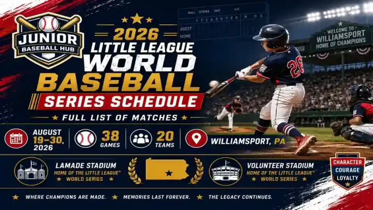 Little League World Baseball 2026 series schedule infographic showing tournament dates, 38 games, 20 teams, Williamsport, Pennsylvania, Lamade Stadium, and Volunteer Stadium. 