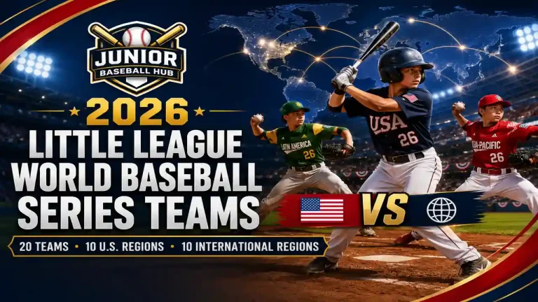 Little League World Baseball 2026 teams infographic featuring 20 participating teams, 10 U.S. regions, 10 international regions, and the global youth baseball championship.
