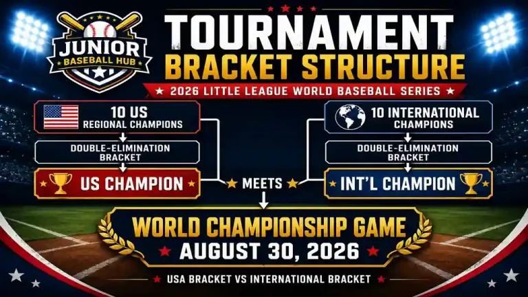 Little League World Baseball 2026 tournament bracket structure infographic showing the USA and International double-elimination brackets leading to the World Championship Game on August 30, 2026.