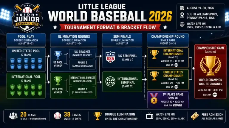 Little League World Baseball 2026 tournament format and bracket flow infographic showing pool play, elimination rounds, semifinals, championship games, and tournament progression.