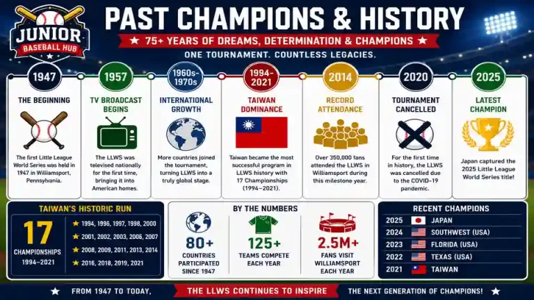 Little League World Baseball past champions and history infographic featuring the tournament timeline, major milestones, Taiwan’s championship era, attendance records, and recent champions.