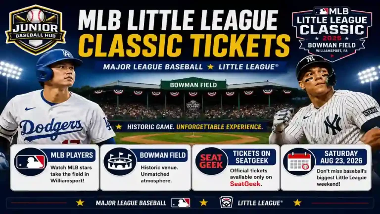 MLB Little League Classic 2026 ticket guide featuring Bowman Field, Williamsport, official ticket information, MLB players, game date, and event details in an infographic format. 