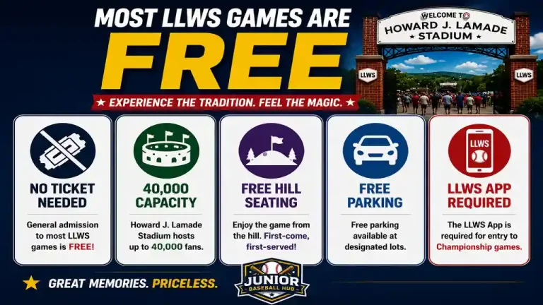Little League World Series admission infographic explaining that most LLWS games are free, highlighting no ticket requirement, 40,000-seat capacity, free hill seating, free parking, and championship game app access.