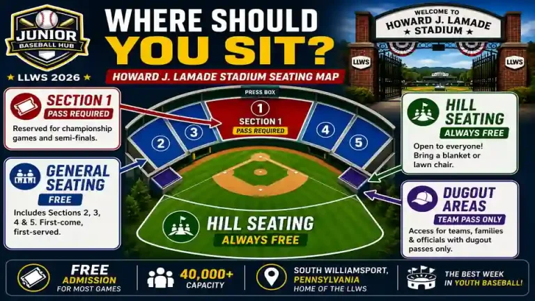 Howard J. Lamade Stadium seating map infographic for the Little League World Series showing reserved seating, general seating, hill seating, dugout areas, and stadium capacity in South Williamsport, Pennsylvania. 