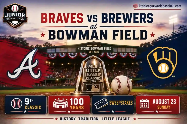 Feature image for the 2026 MLB Little League Classic showing the Atlanta Braves vs Milwaukee Brewers at Historic Bowman Field with 9th Classic, 100 Years, Ticket Sweepstakes, and August 23 event details.