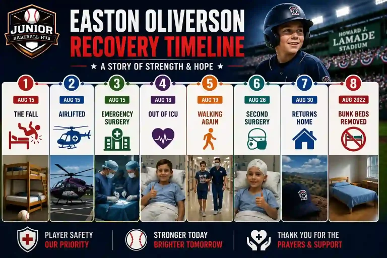 Little League Baseball World Series Injuries:Complete Guide 3 Easton Oliverson recovery timeline infographic showing the major milestones from his accident through medical treatment, recovery, return home, and the safety improvements introduced for Little League players.