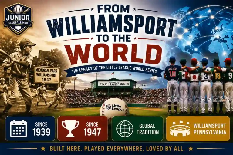 From Williamsport to the World feature image highlighting the history of the Little League World Series from 1939 to 2025 with global baseball tradition and Junior Baseball Hub branding.