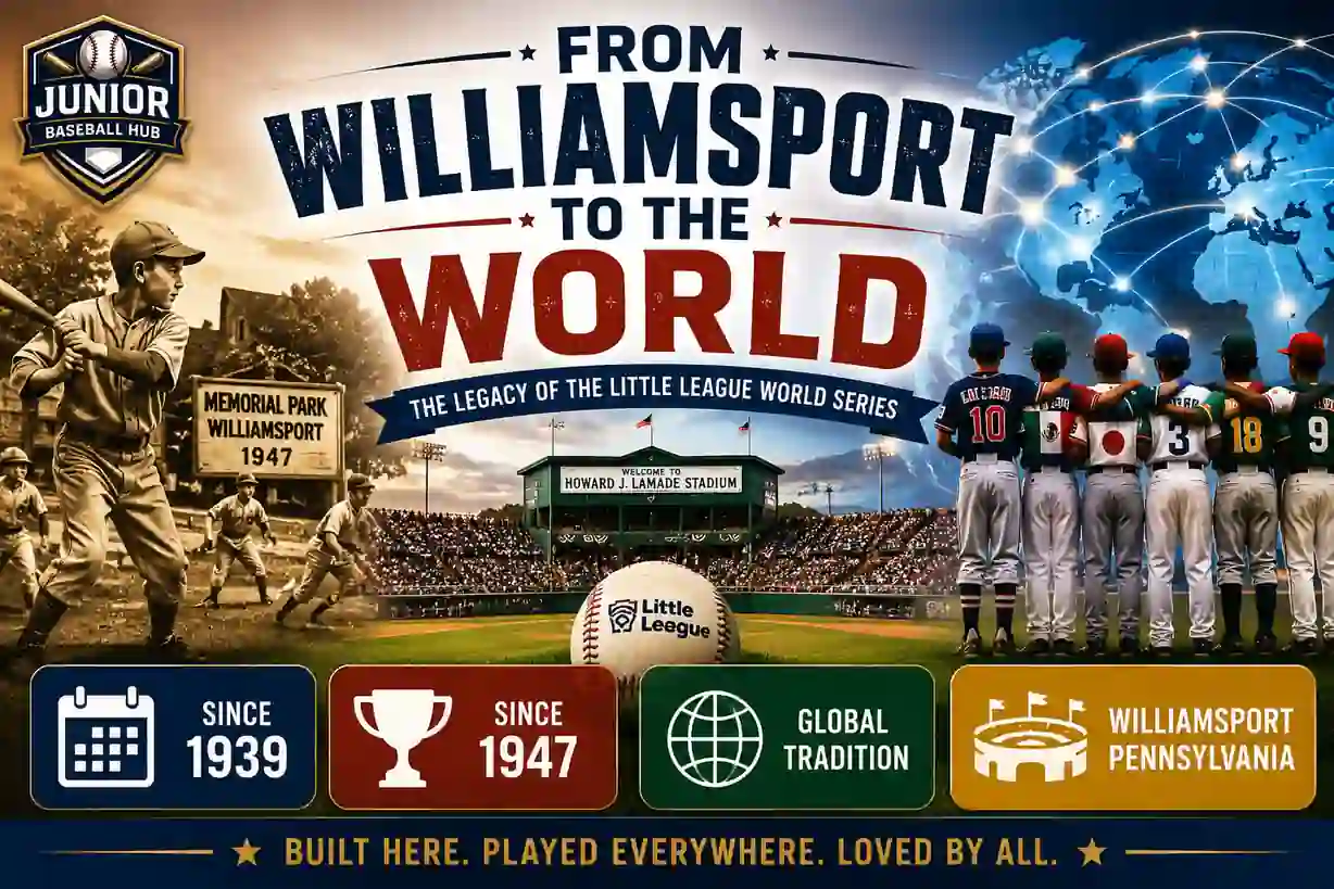 From Williamsport to the World feature image highlighting the history of the Little League World Series from 1939 to 2025 with global baseball tradition and Junior Baseball Hub branding.