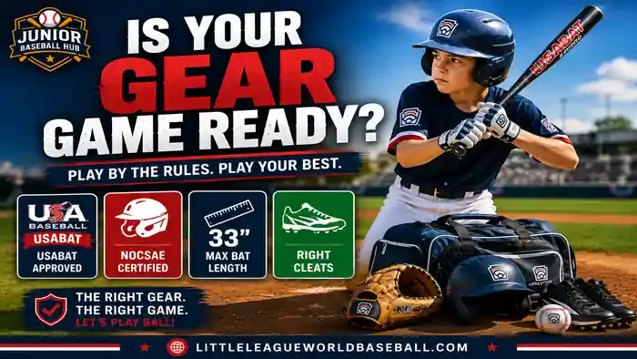 Little League Baseball Gear Guide 2026 feature image showing a young Little League player with a USABat-approved bat, NOCSAE helmet, glove, cleats, equipment bag, and game-ready baseball gear on the field.