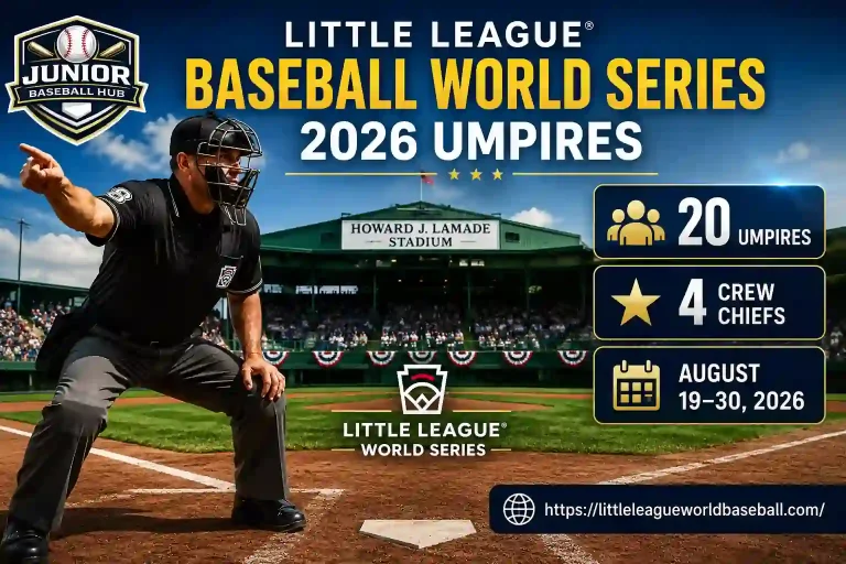 Little League Baseball World Series 2026 Umpires: Complete Guide 2 Little League Baseball World Series 2026 Umpires hero image featuring Howard J. Lamade Stadium, a home plate umpire, 20 umpires, 4 crew chiefs, and tournament dates August 19–30.
