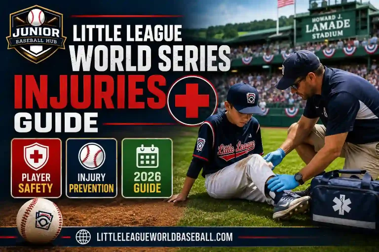 Little League Baseball World Series Injuries:Complete Guide 2 Little League World Series Injuries Guide feature image showing a youth baseball player receiving medical attention at Howard J. Lamade Stadium with player safety and injury prevention highlights for 2026.