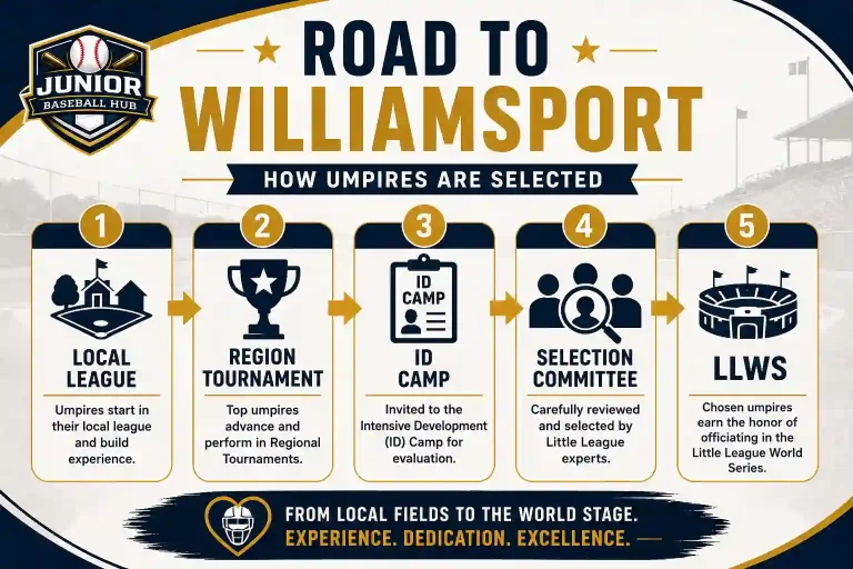 Little League Baseball World Series 2026 Umpires: Complete Guide 5 Road to Williamsport infographic explaining the Little League Baseball World Series 2026 umpire selection process from Local League to Region Tournament, ID Camp, Selection Committee, and LLWS.