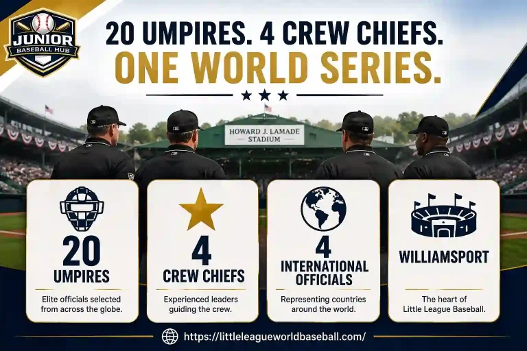 Little League Baseball World Series 2026 Umpires: Complete Guide 3 LLWS 2026 umpire crew overview infographic showing 20 umpires, 4 crew chiefs, 4 international officials, and Williamsport for the Little League Baseball World Series.