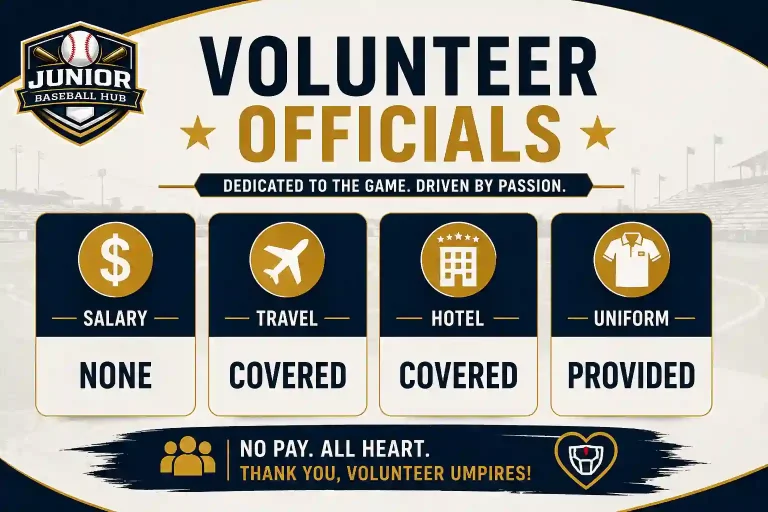 Little League Baseball World Series 2026 Umpires: Complete Guide 6 Volunteer officials infographic for the Little League Baseball World Series 2026 showing that umpires receive no salary while travel, hotel, and uniforms are provided.