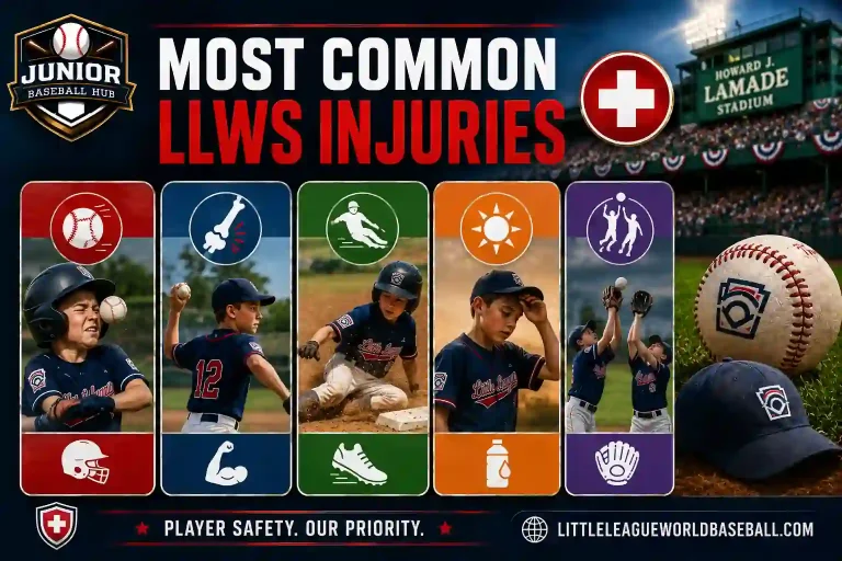 Little League Baseball World Series Injuries:Complete Guide 4 Infographic showing the most common Little League World Series injuries, including hit by pitch, arm overuse, sliding injuries, heat exhaustion, and outfield collisions, with a focus on player safety.