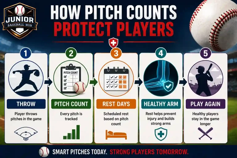 Little League Baseball World Series Injuries:Complete Guide 6 Pitch Count Explainer infographic showing how pitch counts protect youth baseball players through tracking pitches, rest days, healthy arm recovery, and safe return to play.