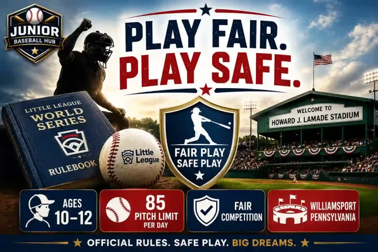 Play Fair Play Safe feature image for the 2026 Little League World Series rules guide featuring player safety, 85 pitch limit, ages 10–12, fair competition, Howard J. Lamade Stadium.