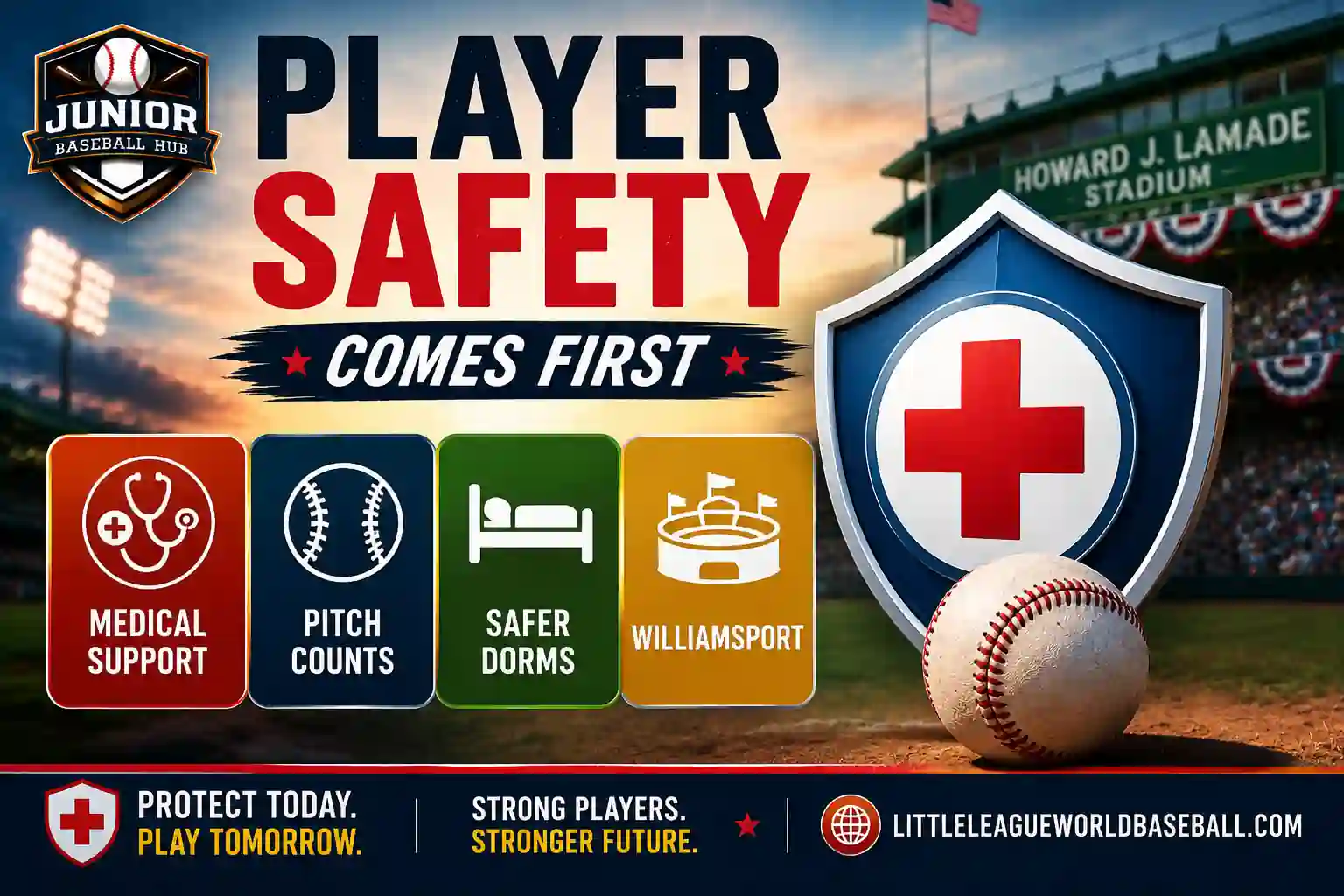 Little League Baseball World Series Injuries:Complete Guide 1 Player Safety Comes First feature image highlighting medical support, pitch count rules, safer dorms, and Williamsport for the Little League World Series Injuries Guide.
