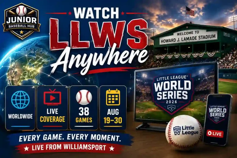 Little League World Series 2026 Broadcasters: Complete Viewing Guide 6 Watch LLWS Anywhere feature image showing worldwide live coverage of the 2026 Little League World Series with Howard J. Lamade Stadium, globe, TV, mobile device, and Junior Baseball Hub branding.