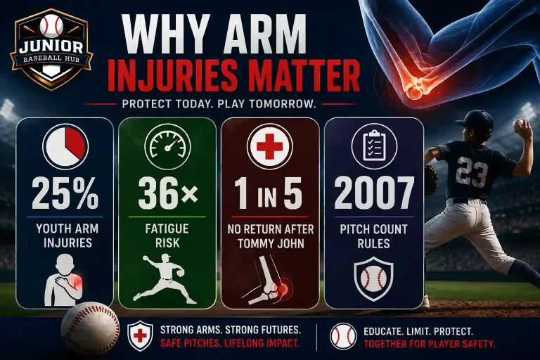 Little League Baseball World Series Injuries:Complete Guide 5 Infographic explaining why arm injuries matter in youth baseball, highlighting youth arm injury rates, fatigue risk, Tommy John surgery outcomes, and pitch count rules.