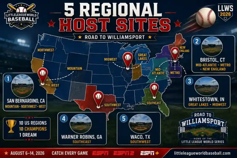 Five LLWS 2026 regional host sites map showing Bristol Whitestown Warner Robins Waco and San Bernardino