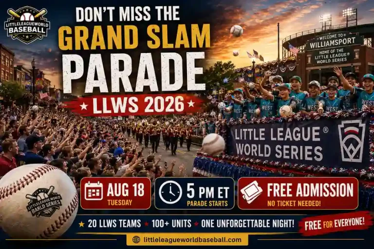 Grand Slam Parade LLWS 2026 in Williamsport with 20 teams, parade crowds and free admission